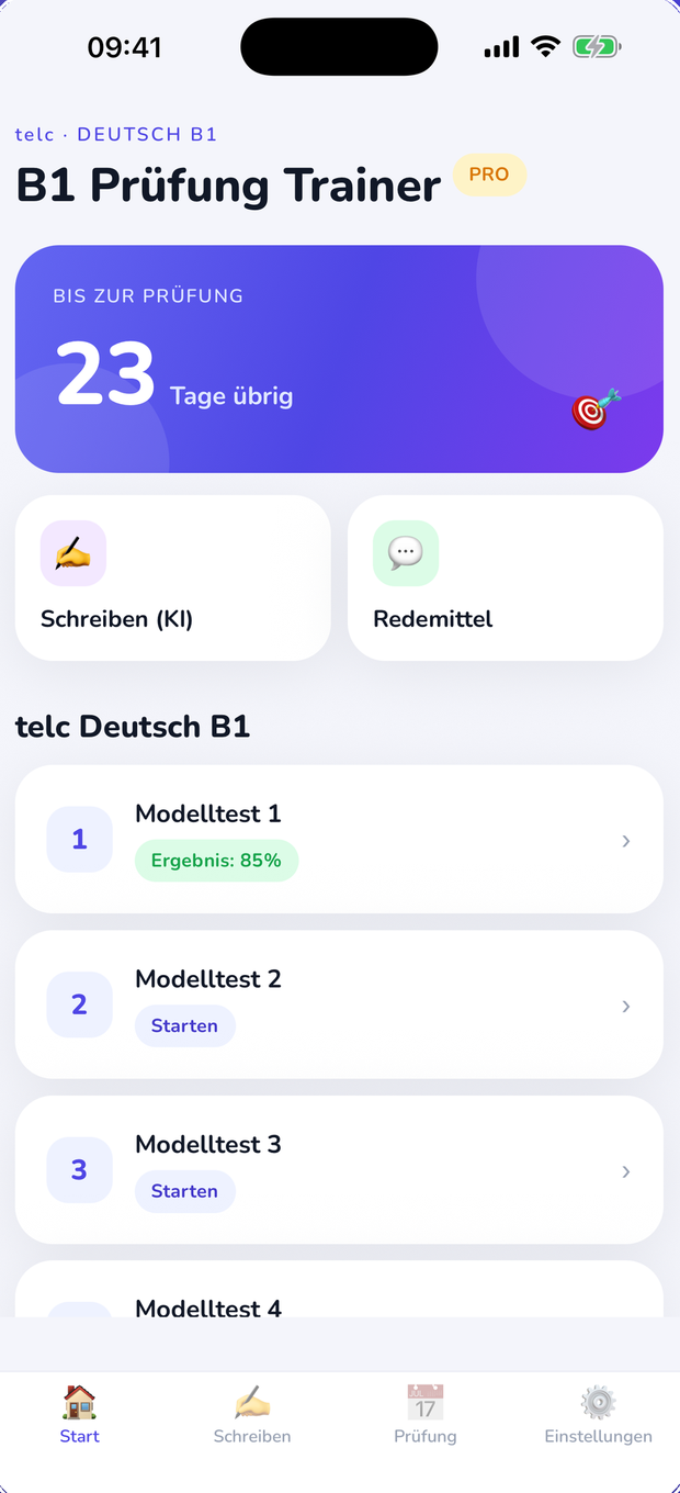 Startbildschirm der App: Countdown zur Prüfung und Liste der Modelltests
