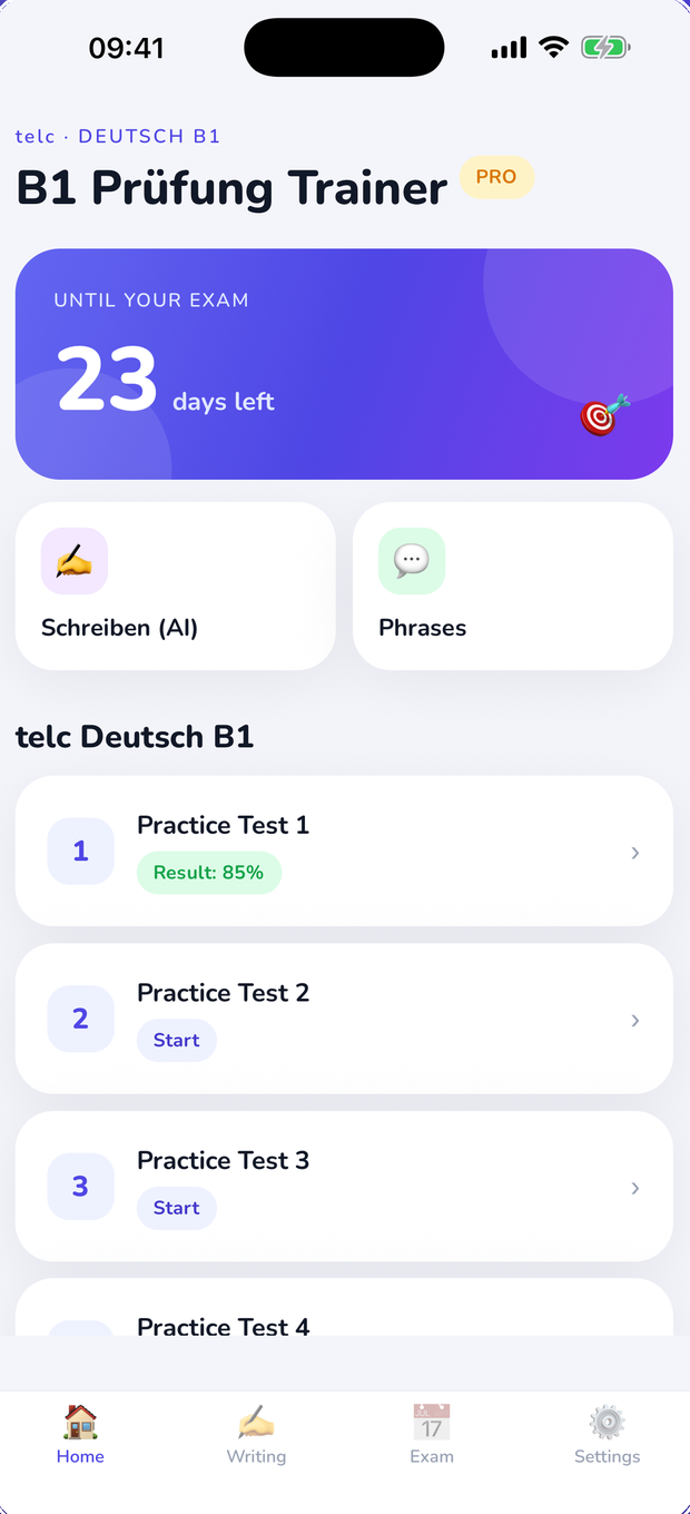 App home screen: exam countdown and list of practice tests