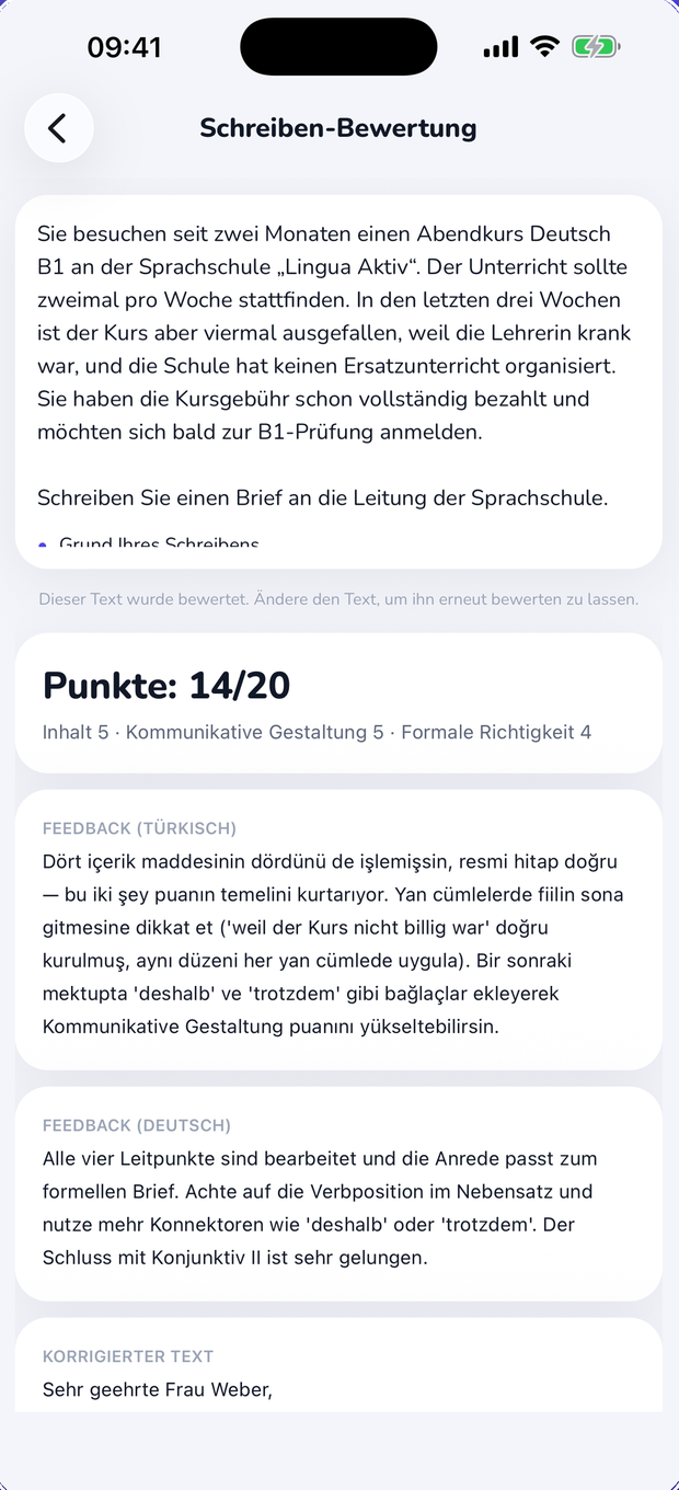 Schreiben-Bewertung: 14 von 20 Punkten mit Punkt-für-Punkt-Feedback