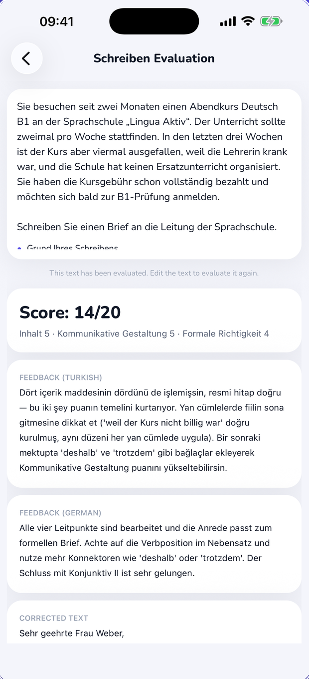 Schreiben evaluation screen: 14/20 score with point-by-point feedback